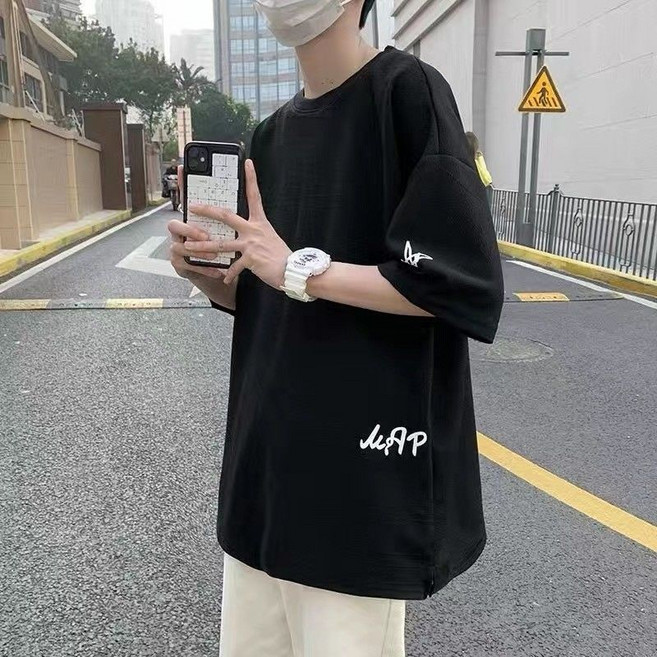男士印花七分袖T恤 夏季薄款潮流寬鬆大碼韓版冰絲上衣