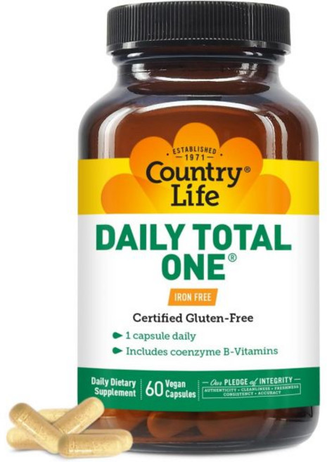 멀티비타민 멀티영양제 컨트리 라이프 데일리 토탈 원 하루 번 철분 프리 & 멀티미네랄 콤플렉스 코엔자임 B비타민 포함 비타민 A C D 에너지 비건 캡슐 60개, 컨트리 라이프 데일리 토탈 원 멀티비타민 하루 번 철분, 1개, 60정