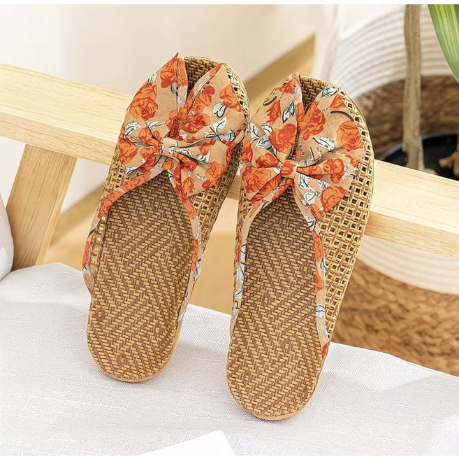 여름 라탄 플라워 슬리퍼 여성 홈 데일리 실내 외 편한 층간소음 방지 실내슬리퍼, 오렌지플라워, 1개