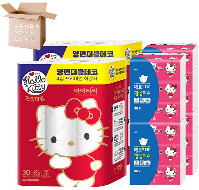 헬로키티 4겹 프리미엄 30롤 2팩 + 팝업티슈(핑크) 4팩, 단품, 1세트