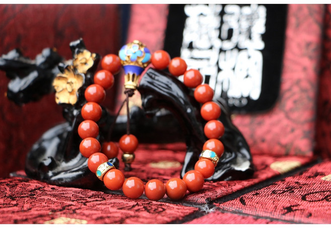 TIBUKKYO台灣德榕藏品 南紅瑪瑙手珠 8mm 景泰藍黃銅佛頭 滿色滿肉 柿子紅 涼山料