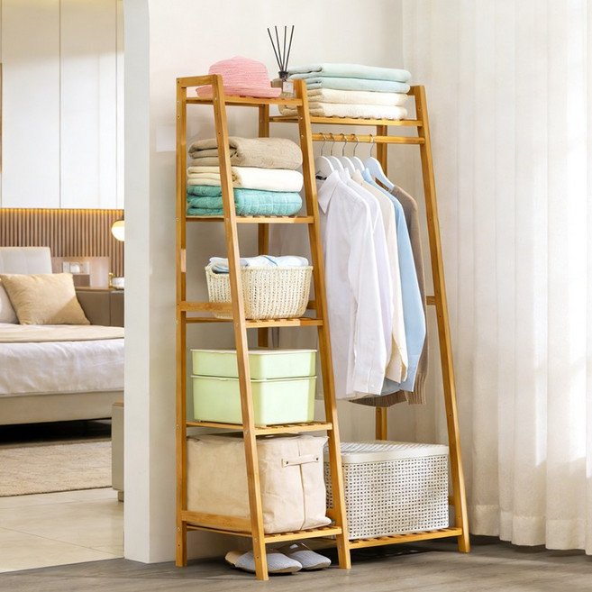 쿠리브 원목색 튼튼한 행거 옷걸이행거 대나무 시스템행거, 원목