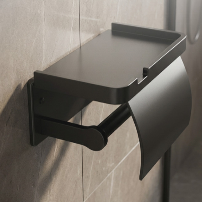 무타공 욕실 휴지걸이 선반형 스마트폰 거치대 화장실 선반, 메탈블랙, 1개
