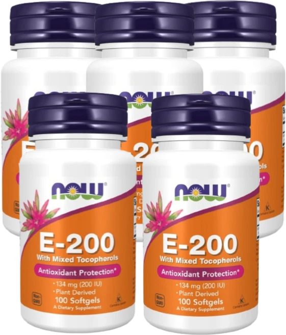 [Now Foods] 비타민 E-200 위드 믹스드 토코페롤 100 소프트젤 5 SET, 5개, 100정 - 쿠팡