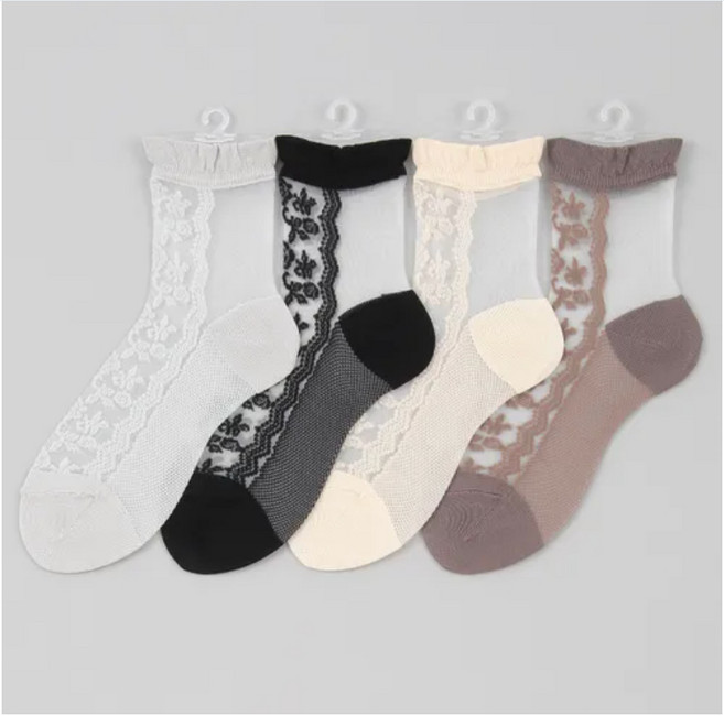 花日屋日本製長襪 玻璃絲質蕾絲透膚襪 日系穿搭透氣耐穿