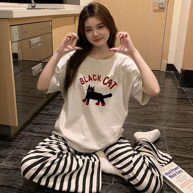 THE HONG 100% 순면 화이트 블랙 캣 헬로키티 여성 반팔 홈웨어 잠옷 세트