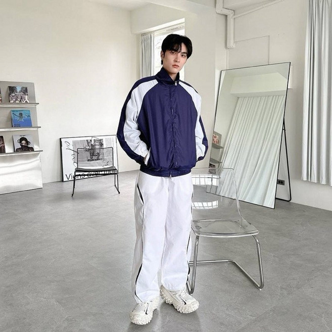 【JES】韓國美式撞色拼接機能風衣外套，雙拉鍊防風防潑水情侶款立領外套