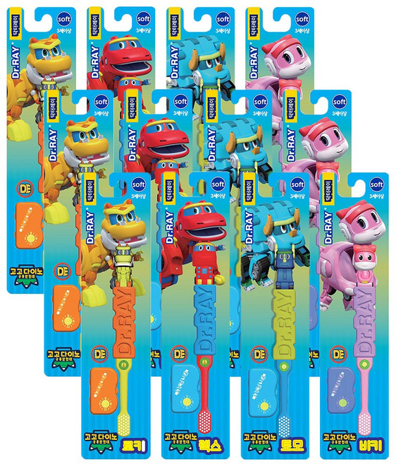 닥터레이 고고다이노 칫솔 세트 공룡 유아 어린이 공룡탐험대 렉스 로키 토모 비키 장난감, 렉스3, 로키3, 토모3, 비키3, 1개입, 12개