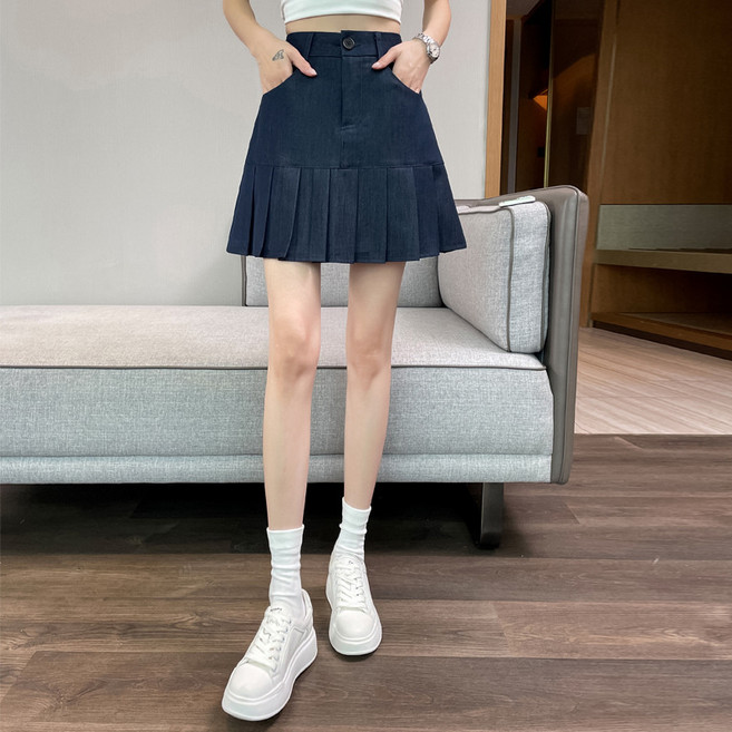 DIU 半身裙女夏季新款高腰a字薄款時尚防走光百褶短裙
