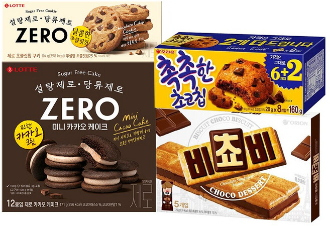 비쵸비 125g +촉촉한초코칩 160g +제로 카카오케이크 171g +제로 초콜릿칩쿠키 84g, 1세트, 540g