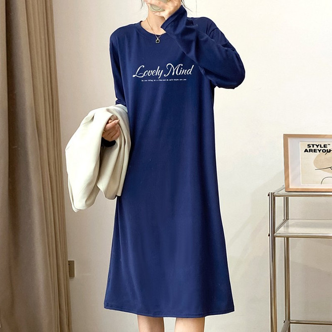 스타일아유 빅사이즈(66~99) 원피스 여성 긴팔 레터링 롱원피스 오버핏 홈웨어 롱티 OP1553