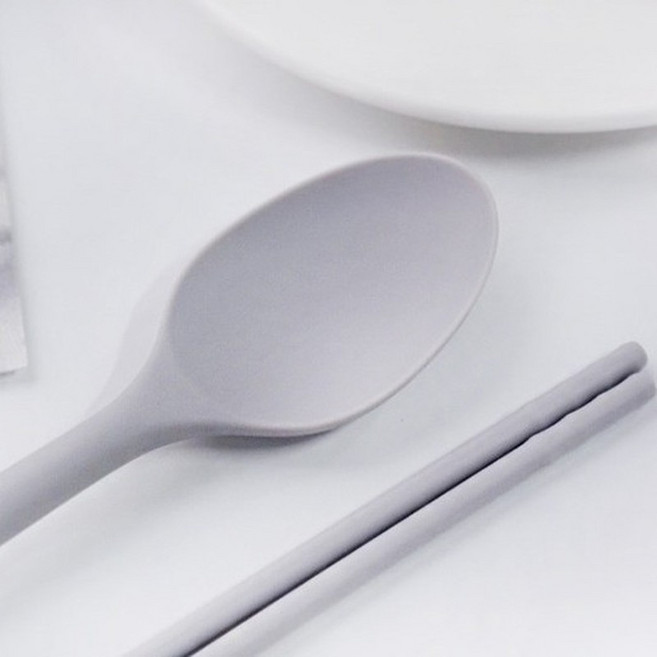 PUKO 硅膠餐具勺筷組，防滑耐高溫彩色便攜餐具, 圓頭勺筷淺灰色, 1個