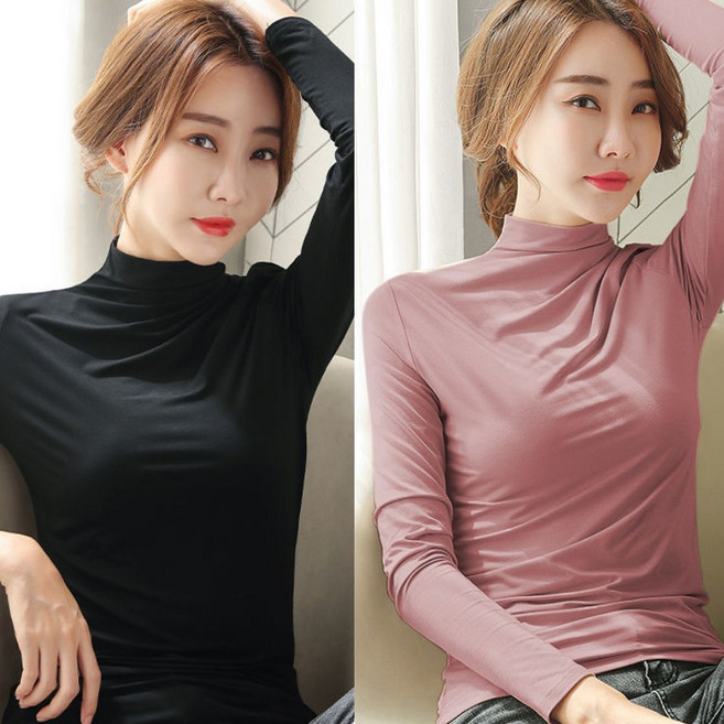 [1+1 2장] 봄 가을 겨울 여성 스판 하이넥 이너티 슬림 긴팔 티셔츠