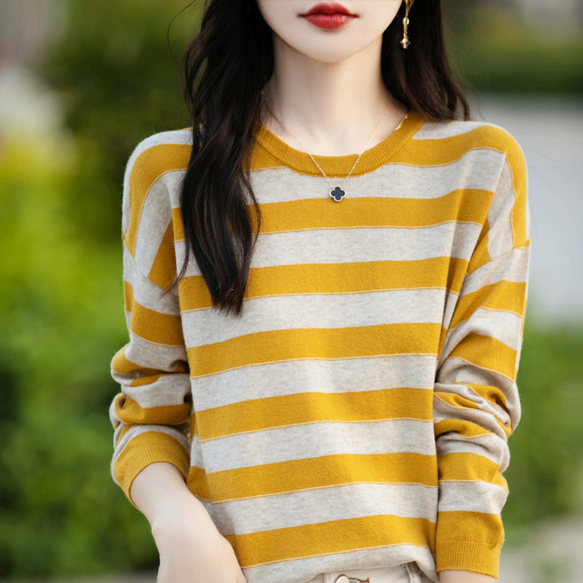 NEW 가을 여성 스트라이프 니트 라운드 얇은니트 겨울 긴팔 풀오버 니트 보온과 패션을 겸비