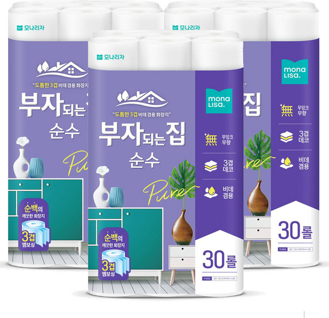 모나리자 부자되는집 순수 데코 3겹 화장지, 25m, 30롤, 3개