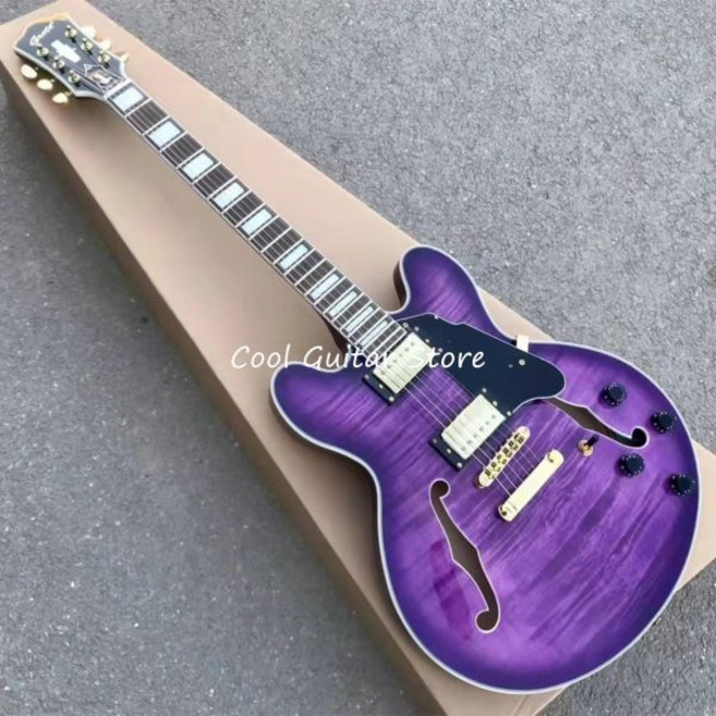 기타 입문 Grote 일렉트릭 기타 6 현 보라색 블랙 픽가드 할로우 바디 품질, guitar and case, 1개
