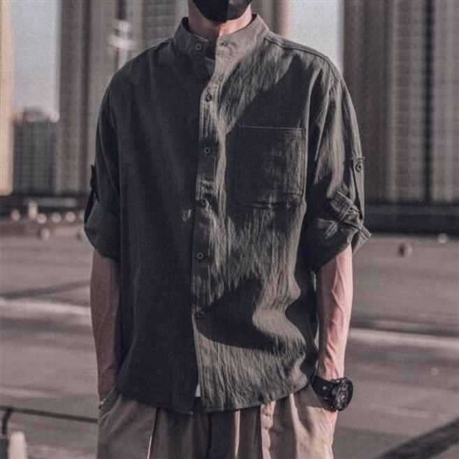 2025春夏男士日系寬鬆休閒純色白色七分袖潮流百搭五分袖襯衫男潮