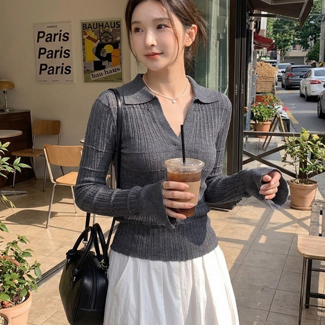 여성용 오픈 브이넥 카라 긴소매 슬림 골지 니트 긴팔 티셔츠