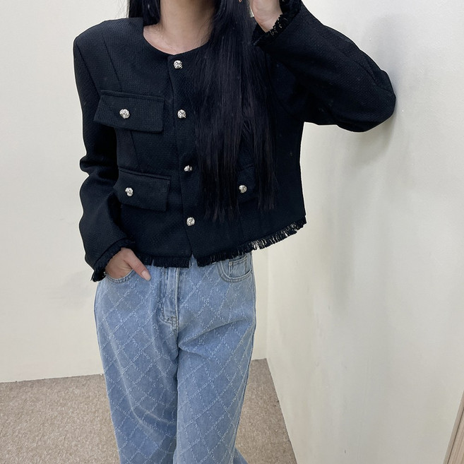 VANANA2 여성 노카라 라운드넥 클래식 실버 단추 버튼 포켓 수술 긴팔 트위드 자켓