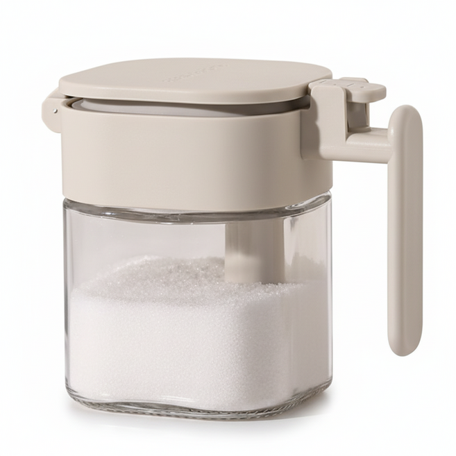 防潮玻璃調味罐 400ml 勺倉分離 三重密封, 1個, 米灰色【400ml】-防潮加厚玻璃