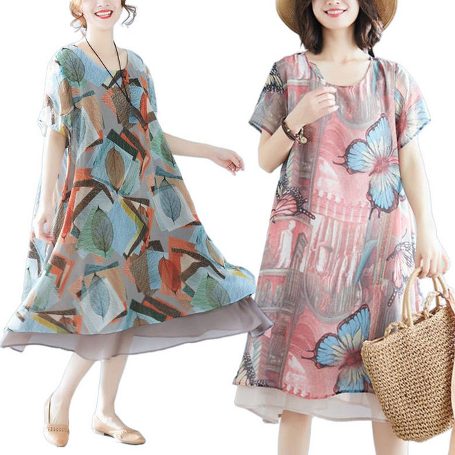 빅사이즈/반팔/쉬폰/시원한/원피스/루즈핏/중년여성의류/엄마옷/마담옷 D99U