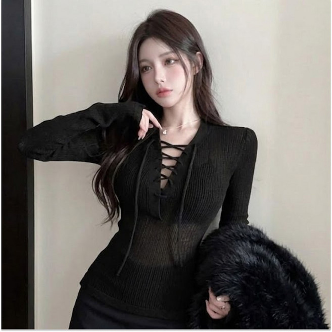 칩썬데이 시스루 골지 니트 탑 티셔츠 섹시 페미닌 코르셋 디테일