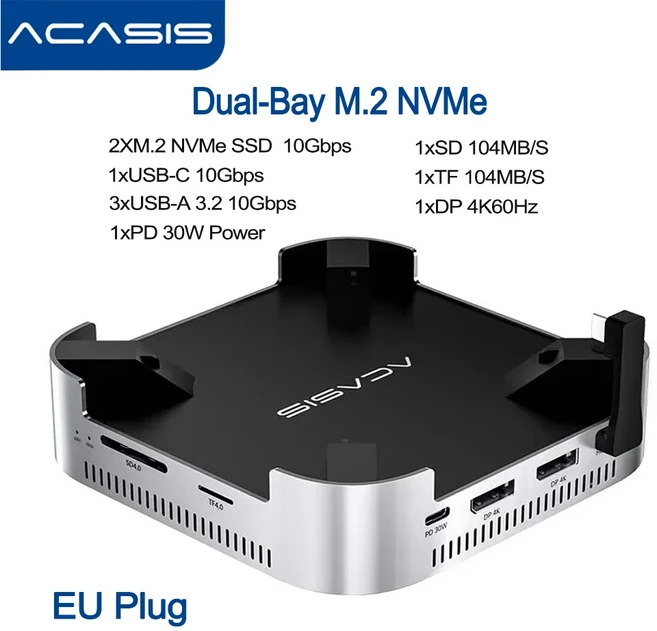 아카시스 맥 미니 도킹 스테이션 USB C 허브 (듀얼 베이 M.2 NVMe SSD 인클로저 포함) 10Gbps 스플리터 M4, 01 EU Plug
