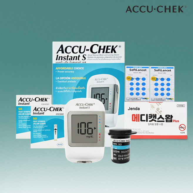 아큐첵 정품 인스턴트S 혈당측정기+혈당 검사지100매+침100개+솜100매 벤저스출고, 1세트