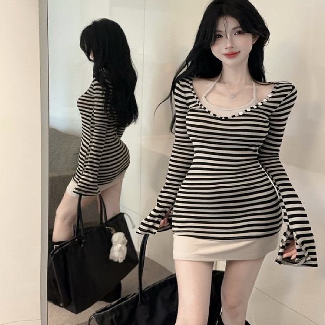 마리하우스 홀터넥롱나시+스트라이프롱티 세트 투피스