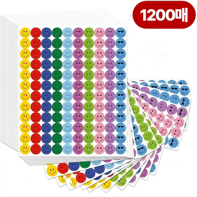 데이앤픽 다용도 대용량 스마일 원형 칭찬스티커 1200매, 1세트, 혼합컬러