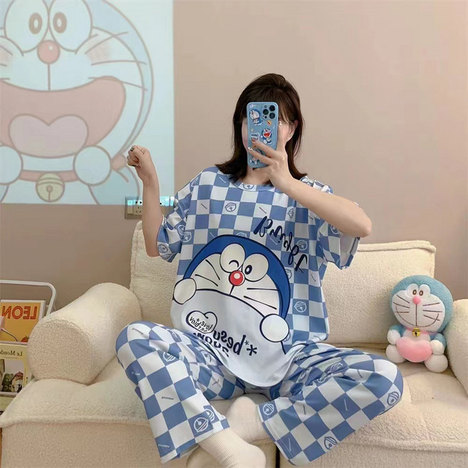여성용 여름 파자마 세트 프린트 디자인의 달콤하고 소녀스러운 반소매 긴바지 캐주얼 홈웨어