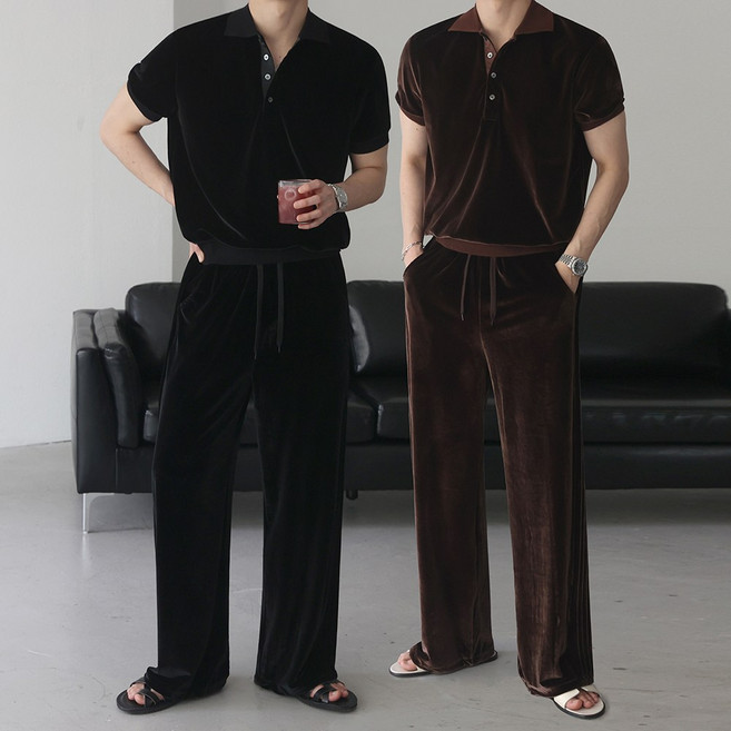 베이직바이블 [SET]벨로아 머슬핏 셋업 카라티 트랙 와이드 팬츠(4color)