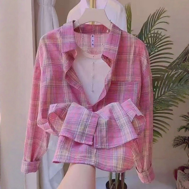 ROYALBELLE 여성 체크 루즈핏 긴팔 셔츠 여름 얇은 아우터 데일리 코디 자켓 B0052433