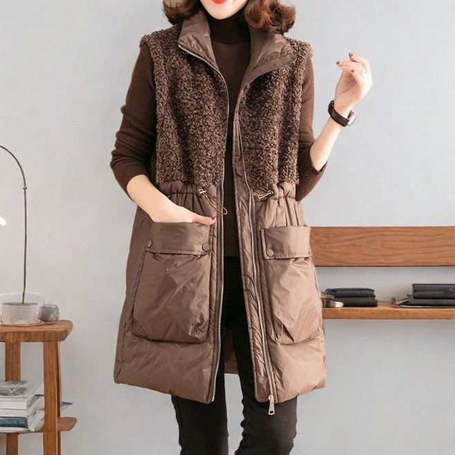 중년 여성 뽀글이 조끼 가을 겨울긴 양털 패딩 조끼 따뜻한 겨울 필수 패션 아이템 JS