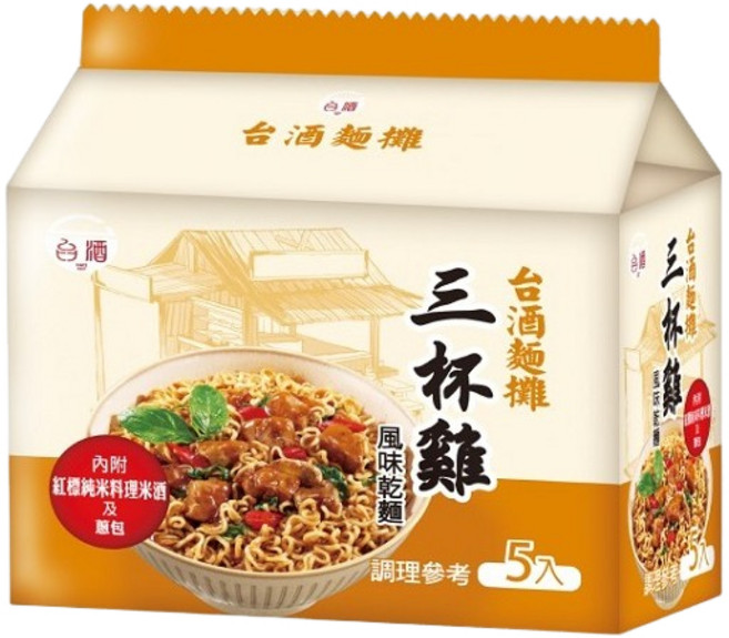 台酒TTL泡麵全系列：花雕雞麵、麻油雞麵、酸菜牛肉麵等多種口味袋裝, 1個, 三杯雞風味乾麵 (5包/袋)