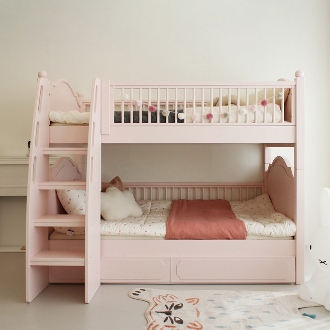 [나누다가구] 루나 이층침대 - 프레임 단품, 안전가드 추가, 하단서랍 없음, 핑크
