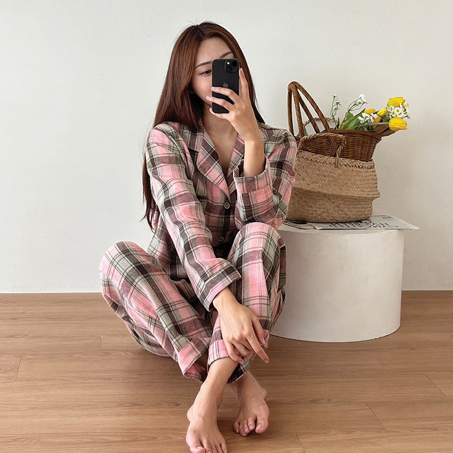 엘라운지 체크 공용 면기모 방구석 파자마 상하세트