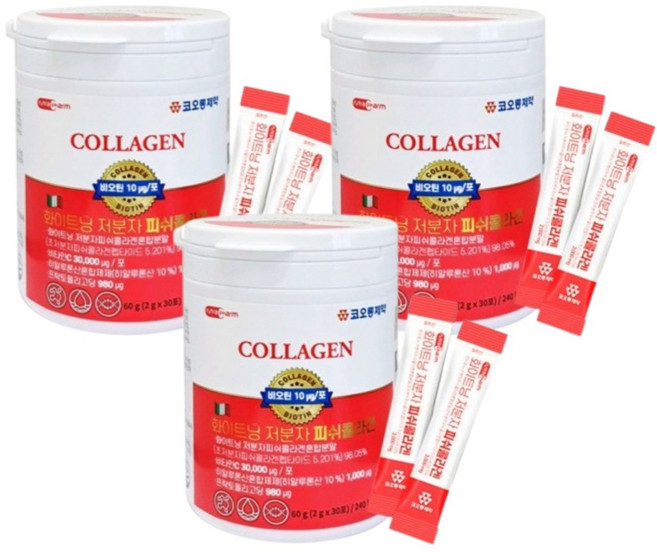 코오롱제약 화이트닝 저분자 피쉬콜라겐 히알루론산 필수 아미노산 피부 미백, 60g, 3개