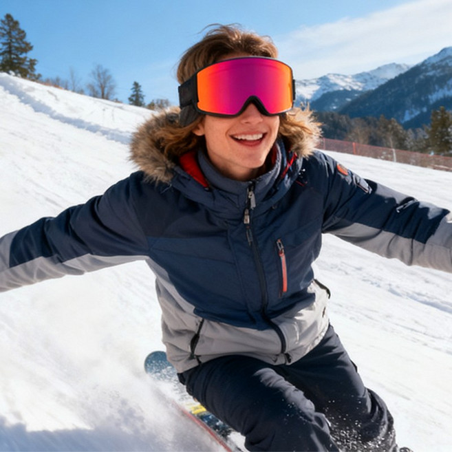 HEYSTOP 스키 고글 스노우 보드 선글라스 안개방지 자외선차단 방풍 근시안경 호환, 1개, 블랙 프레임 + 레드 풀 코팅 렌즈