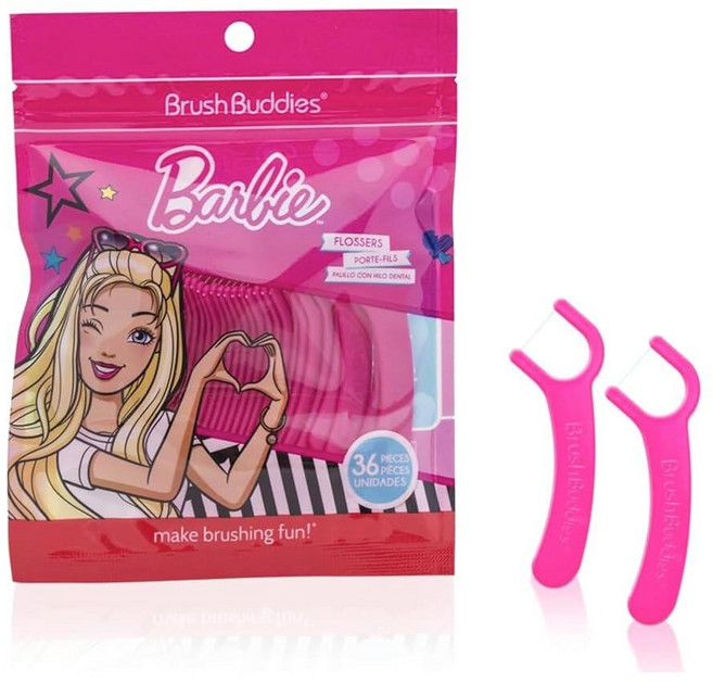 Brush Buddies Barbie 아동용 치실 36개 핑크 치실 피크 풍선껌 맛 재미있는 구강 관리 쉬운 그립 치아 세척 유아 바비 테마, Brush Buddies Barbie 아동용 치실, 3