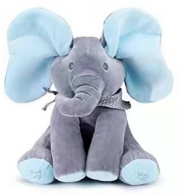 Flappy 唱歌學說話 躲貓貓大象毛絨玩具, 1個, 藍耳大象中文充電款【中文歌+學說話+躲貓貓+古詩詞】30