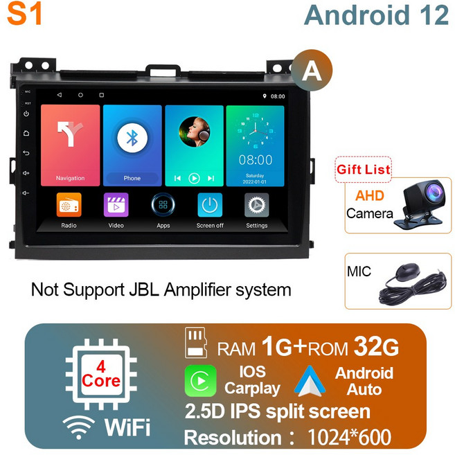 안드로이드 와이파이 크루저 호환 GPS 120 8G 카플레이 프라도 멀티미디어 도요타 헤드 랜드 유닛 스테레오 라디오 2009 128G 2004 차량, A 4core-1-32G cam, 1개