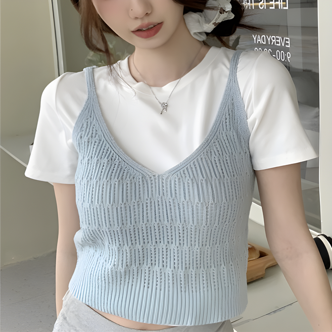 [토바] 니트 뷔스티에 뷔스티에조끼 끈나시 V넥 베스트 크롭 컬러 골지 레이어드 펀칭 슬리브리스 TVC061