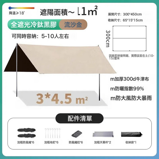 全遮光 5層塗銀 黑膠防曬天幕帳篷 10m² 300D牛津布 99%防曬 防風雨 4-7人, 1pcs, 黑膠方形 3*4.5 容納8人
