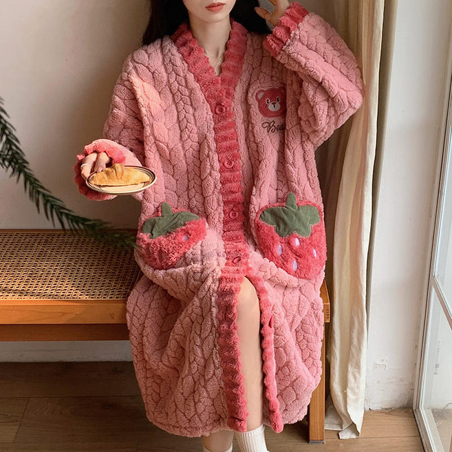 몽실몽실 수면 롱 원피스 극세사 수면 잠옷 겨울 홈웨어 루즈핏 빅사이즈 파자마 가운 단추