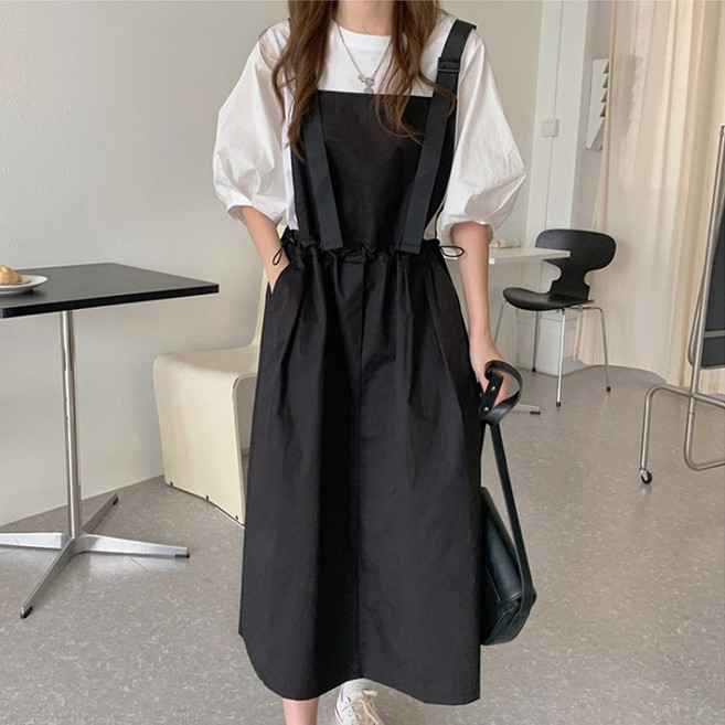 세트 벌룬 티셔츠 + 멜빵 치마 스커트 원피스 반팔티