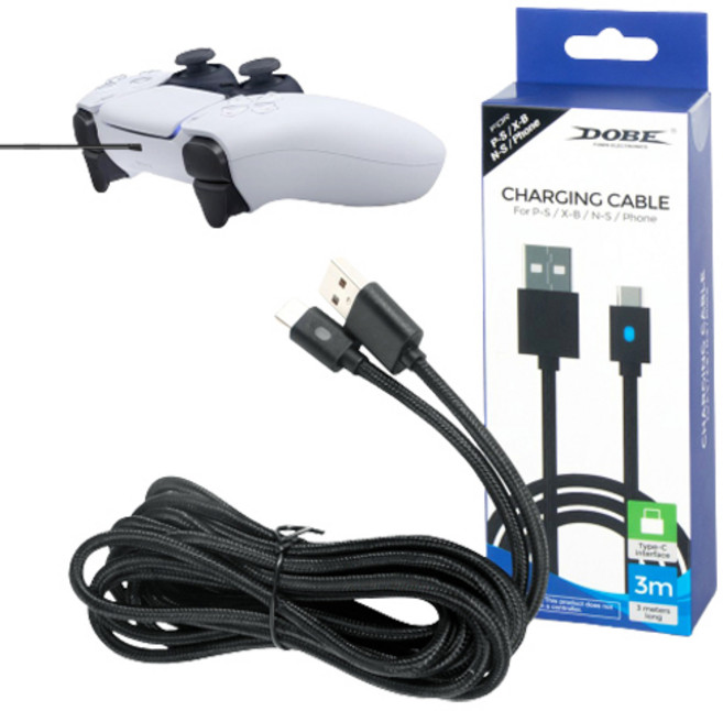 호환 DOBE PS 플스 5 스위치 엑박 시리즈 엘리트 듀얼센스 패드 C타입 고속 충전 USB 케이블 3M 선, 1개