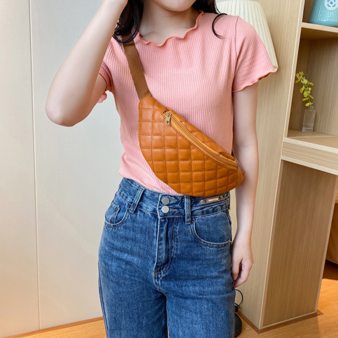 PU가죽 여성용 자수 힙색가방 다용도 크로스백, 브라운, 1개