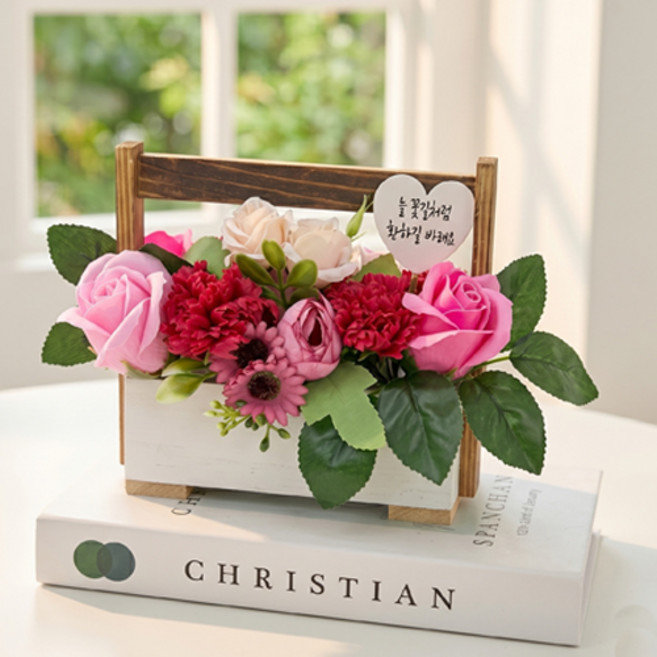 어버이날 카네이션 우드화분 비누 꽃 바구니, 1개, 핑크