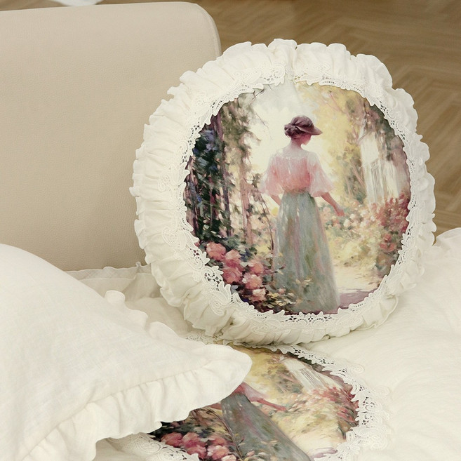 프로방스 린넨 프릴 고급 원형 호박 쇼파 쿠션, 화이트